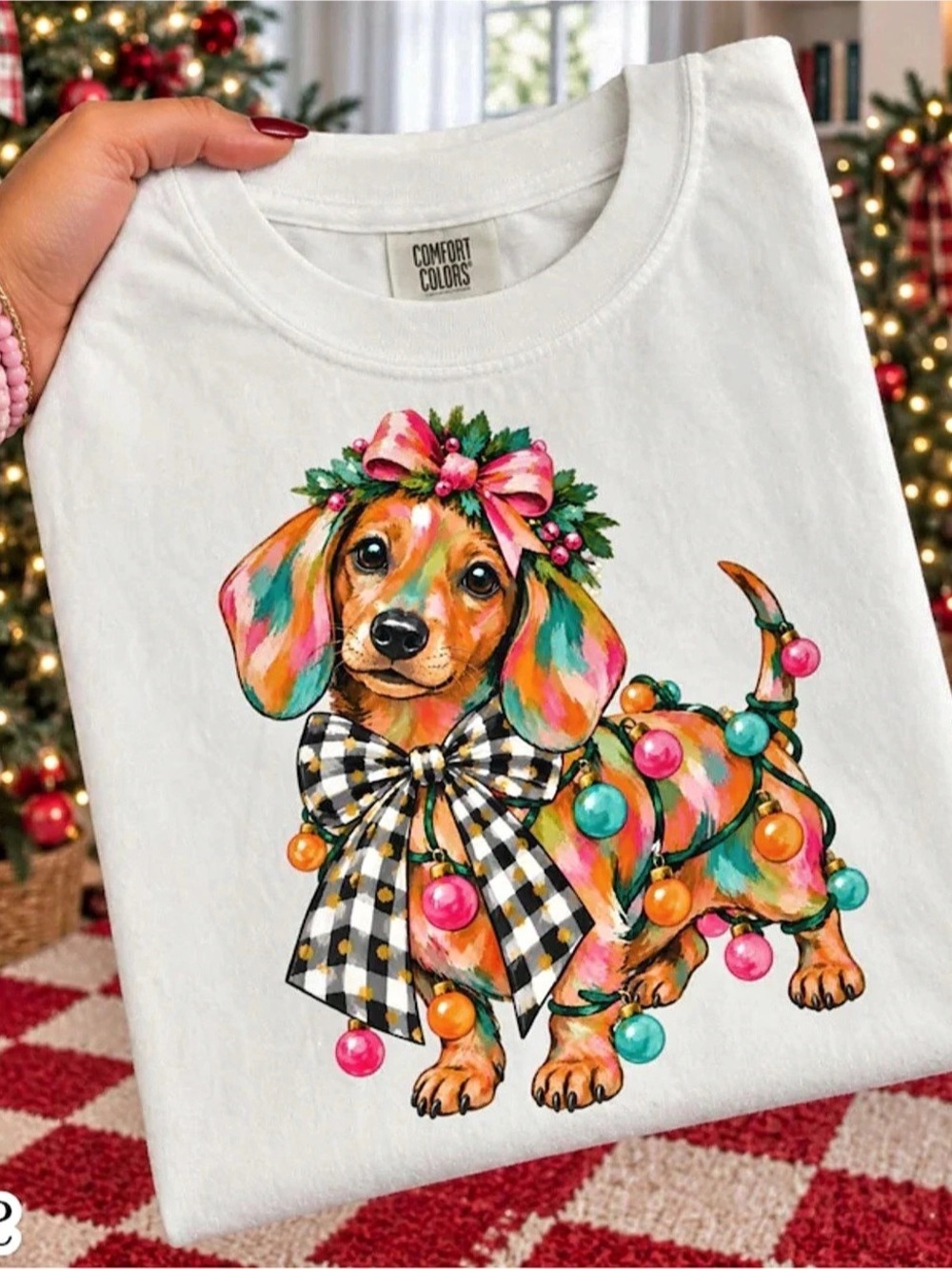 Comfort Colors White T-Shirt with Christmas Dachshund Graphic